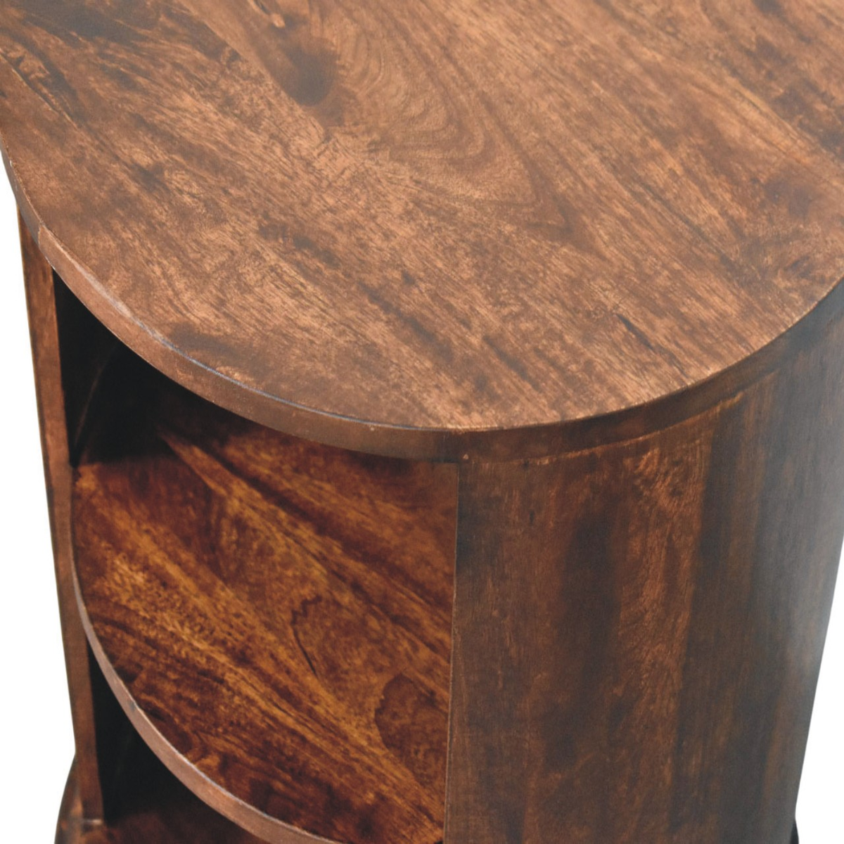 Artisan Furniture Solid Wood Ventura Round Side Table with 2 Open Shelves – California Walnut, Dark Brown