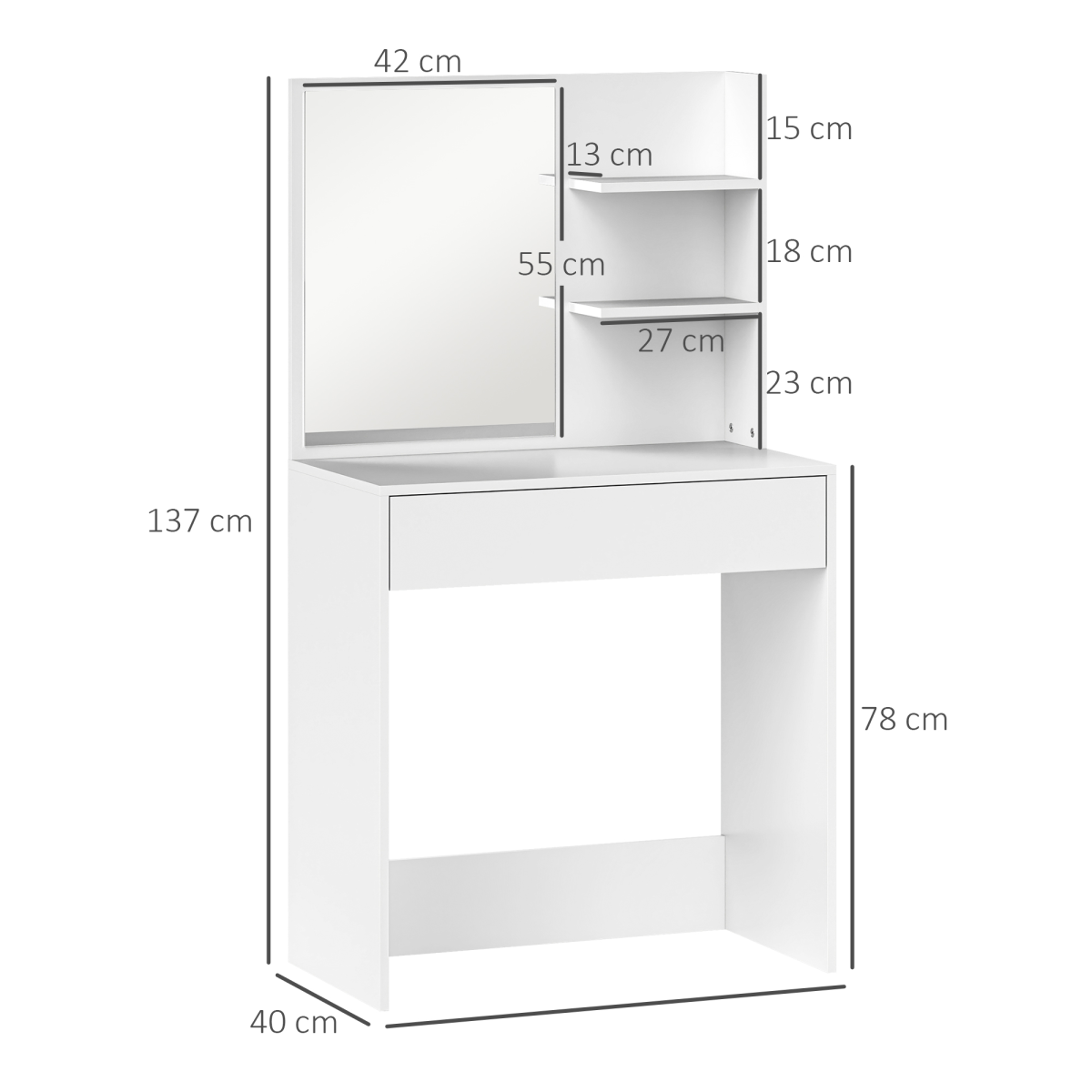 HOMCOM Modern Dressing Table with Large Mirror, Drawer & 3-Tier Open Shelves – Bedroom Vanity, White