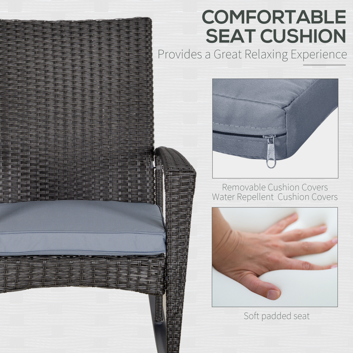 Outsunny PE Rattan Rocking Chair with Padded Cushion & Steel Frame – Outdoor Garden Seating, Grey
