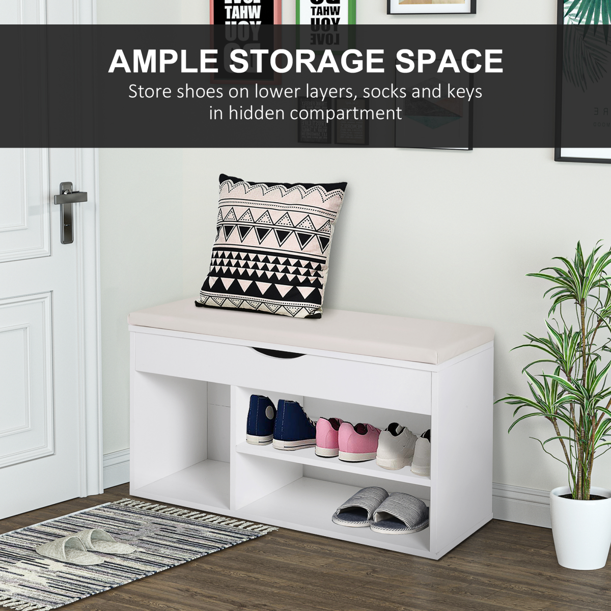 HOMCOM Wooden Shoe Cabinet Bench with Hidden Storage & Padded Seat, White