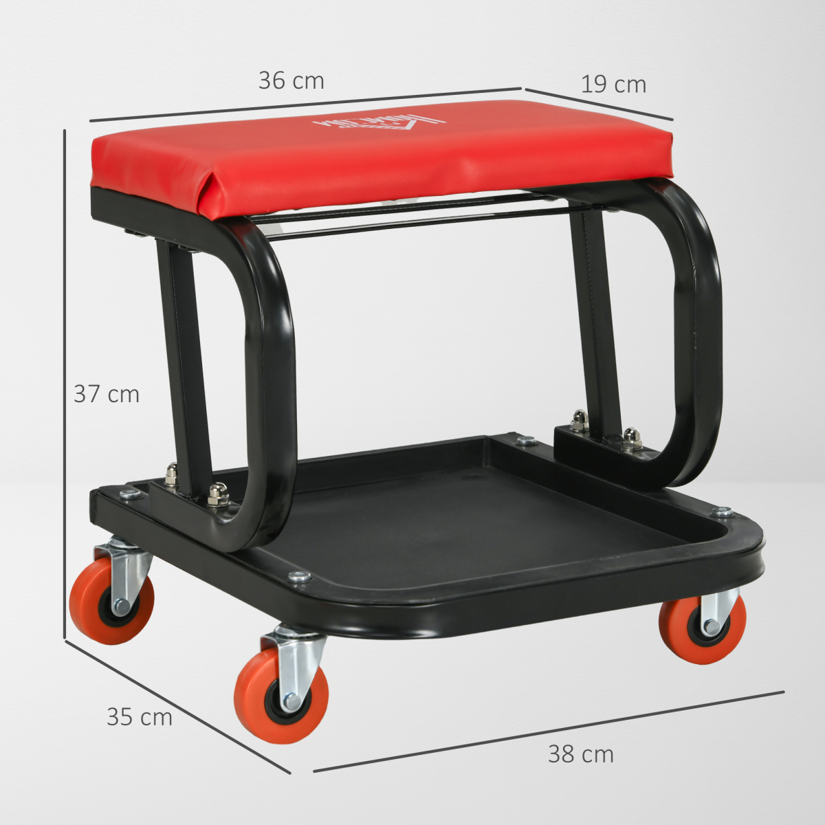 HOMCOM Rolling Workshop Stool with 360° Swivel Seat & Tool Tray – Padded Mechanic Stool for Garage, Red