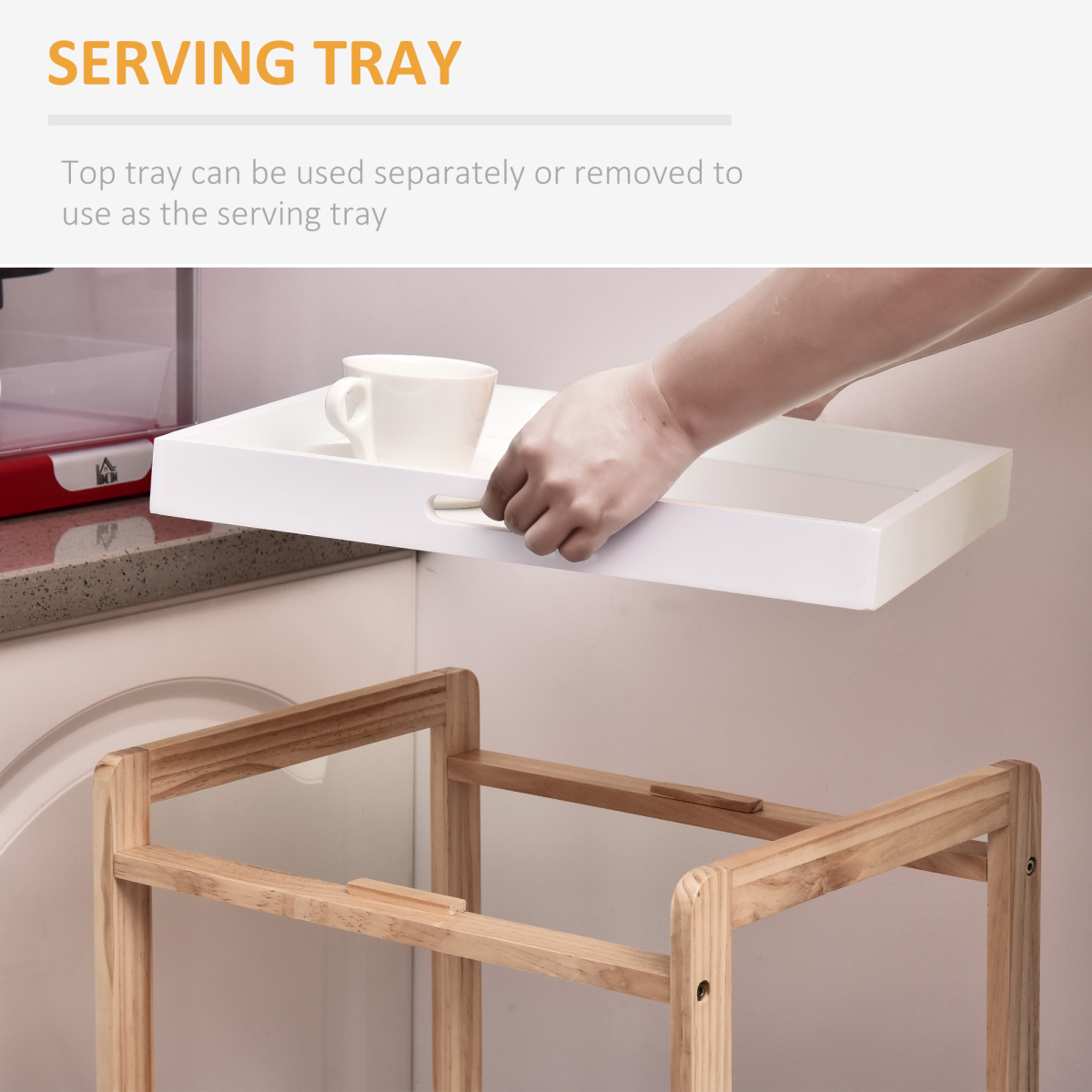 HOMCOM 3-Tier Bamboo Kitchen Serving Trolley on Wheels – Mobile Storage with Push Handle