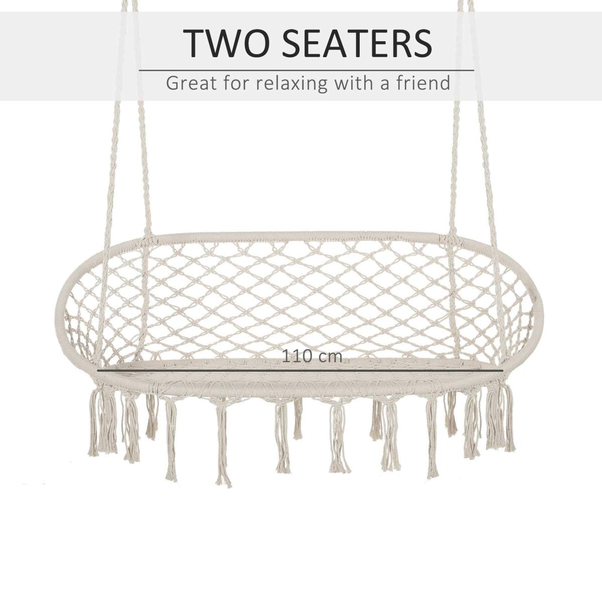 Outsunny Large Macramé Hanging Hammock Chair with Metal Frame – Two-Seater Indoor & Garden Swing, Cream White