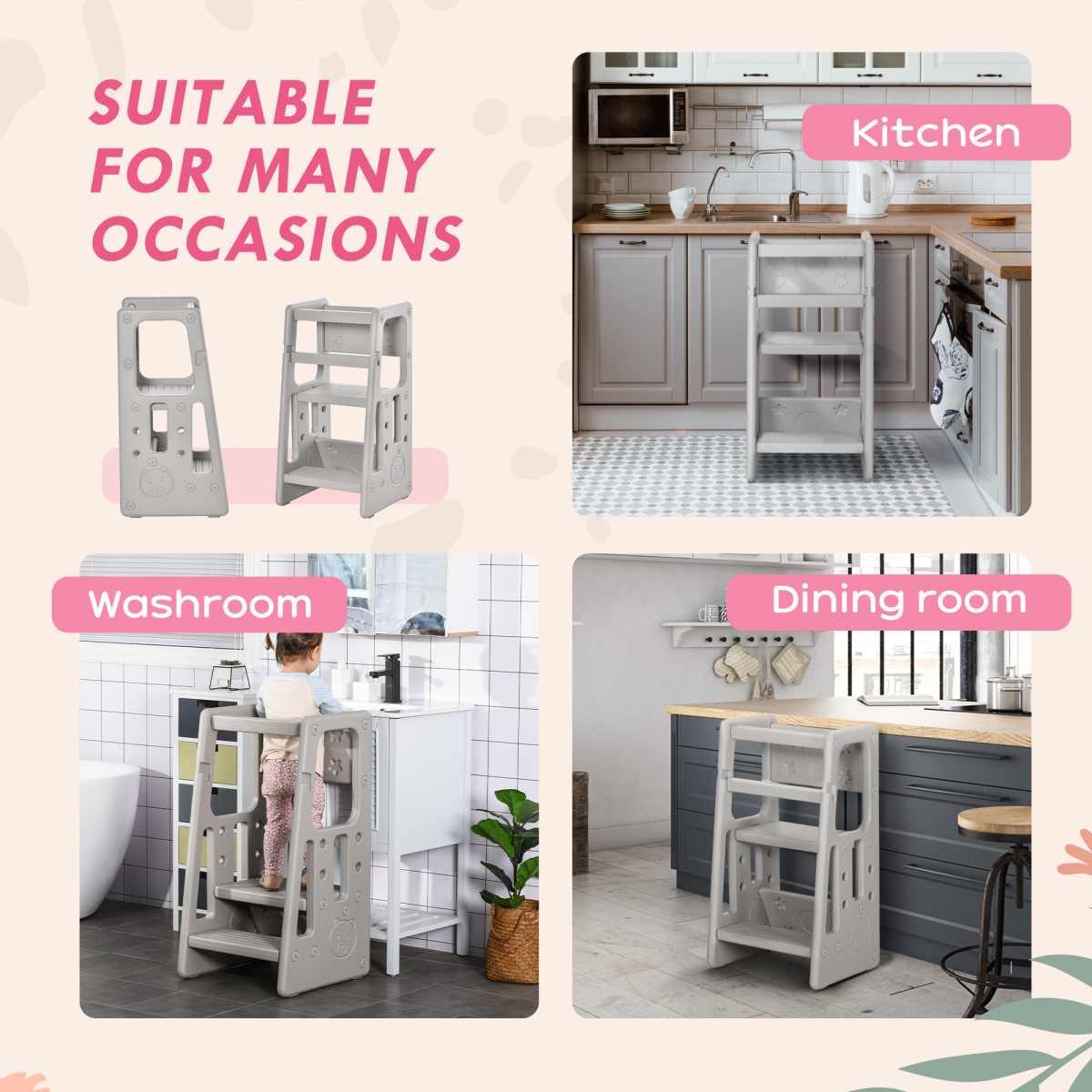 Adjustable Height Kitchen Step Stool with Non-Slip Surface – Compact 3-Height Home Helper