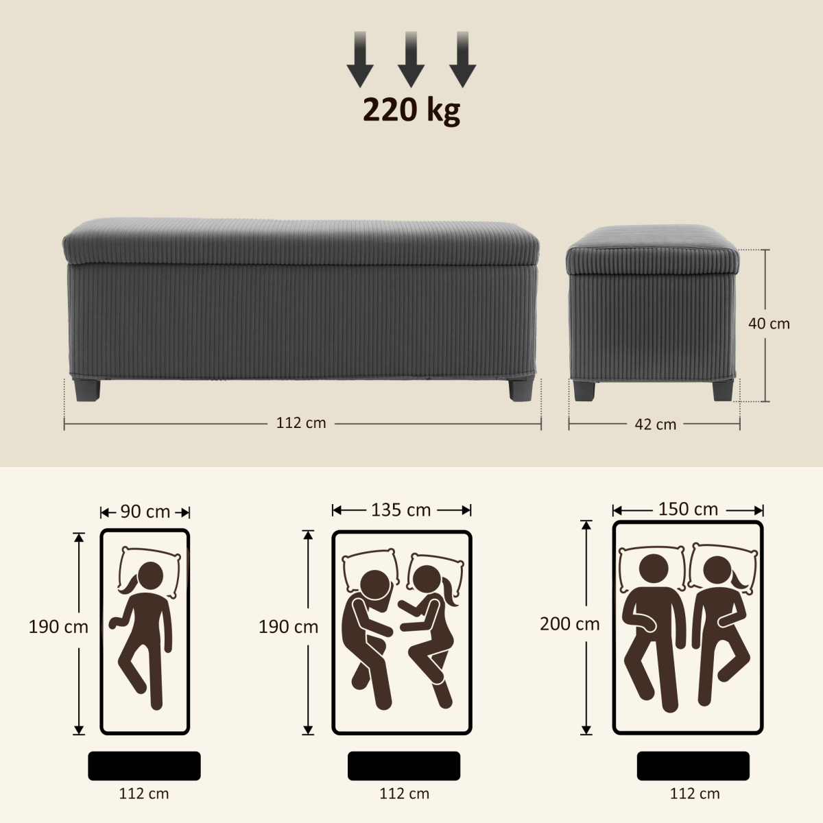 Storage Ottoman Bench with 84L Storage, Padded Seat & Steel Frame – Corduroy Upholstered Storage Bench, Grey