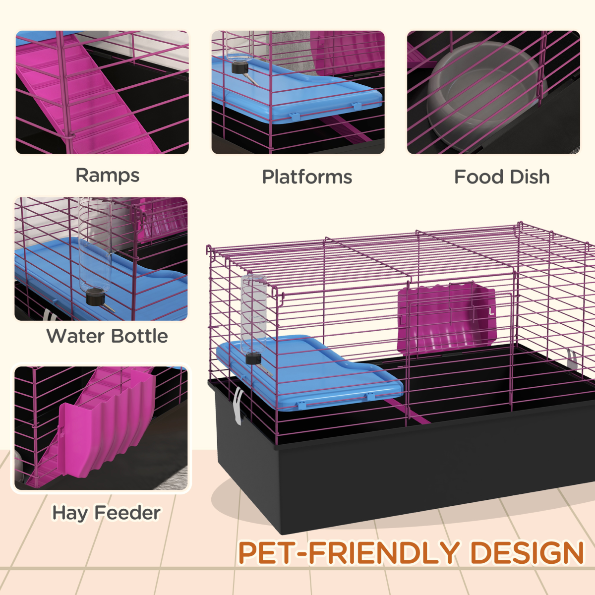 PawHut Small Animal Cage, Rabbit and Guinea Pig Hutch with Platform, Ramp and Hay Feeder – Black