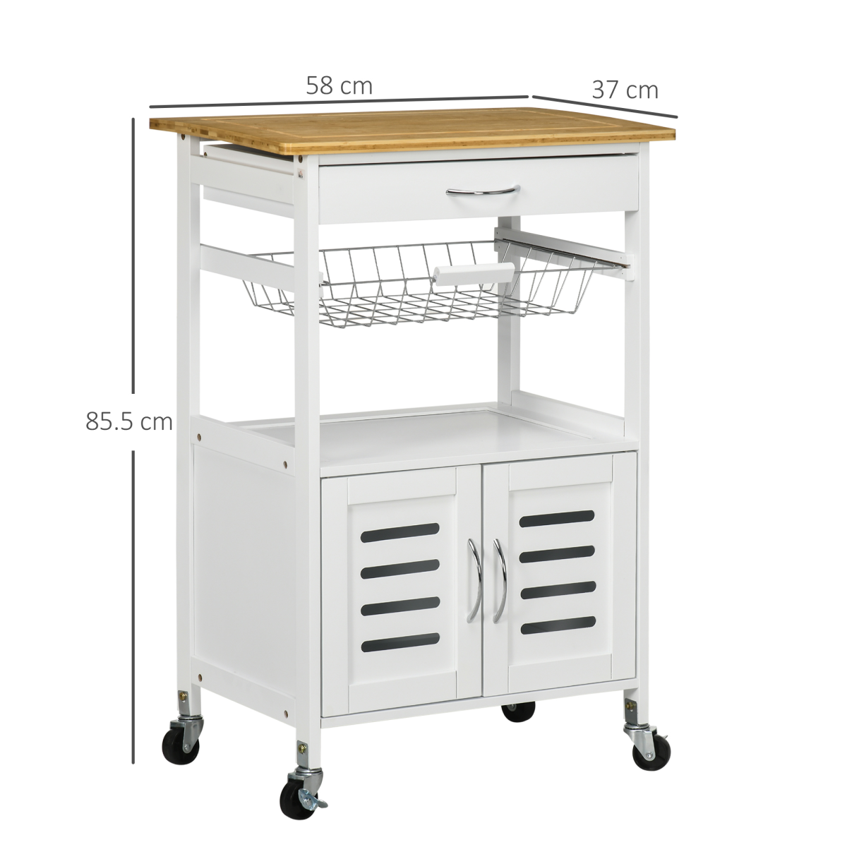 HOMCOM Kitchen Island Trolley with Bamboo Top, Drawer, Cabinet & Lockable Wheels – Rolling Storage Cart