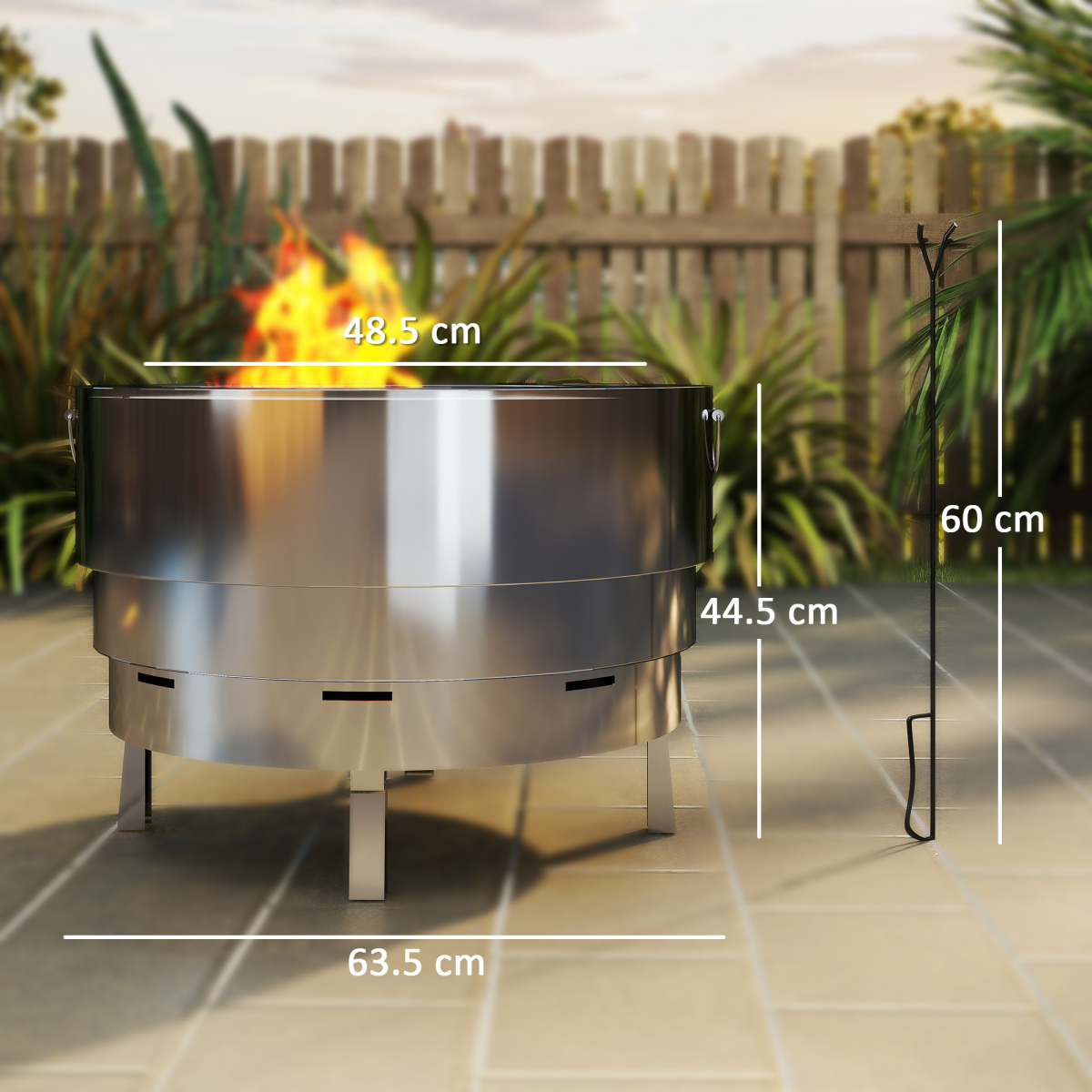 Outsunny Round Stainless Steel Fire Pit with Grill Net and Poker – Portable Garden Firepit, Silver
