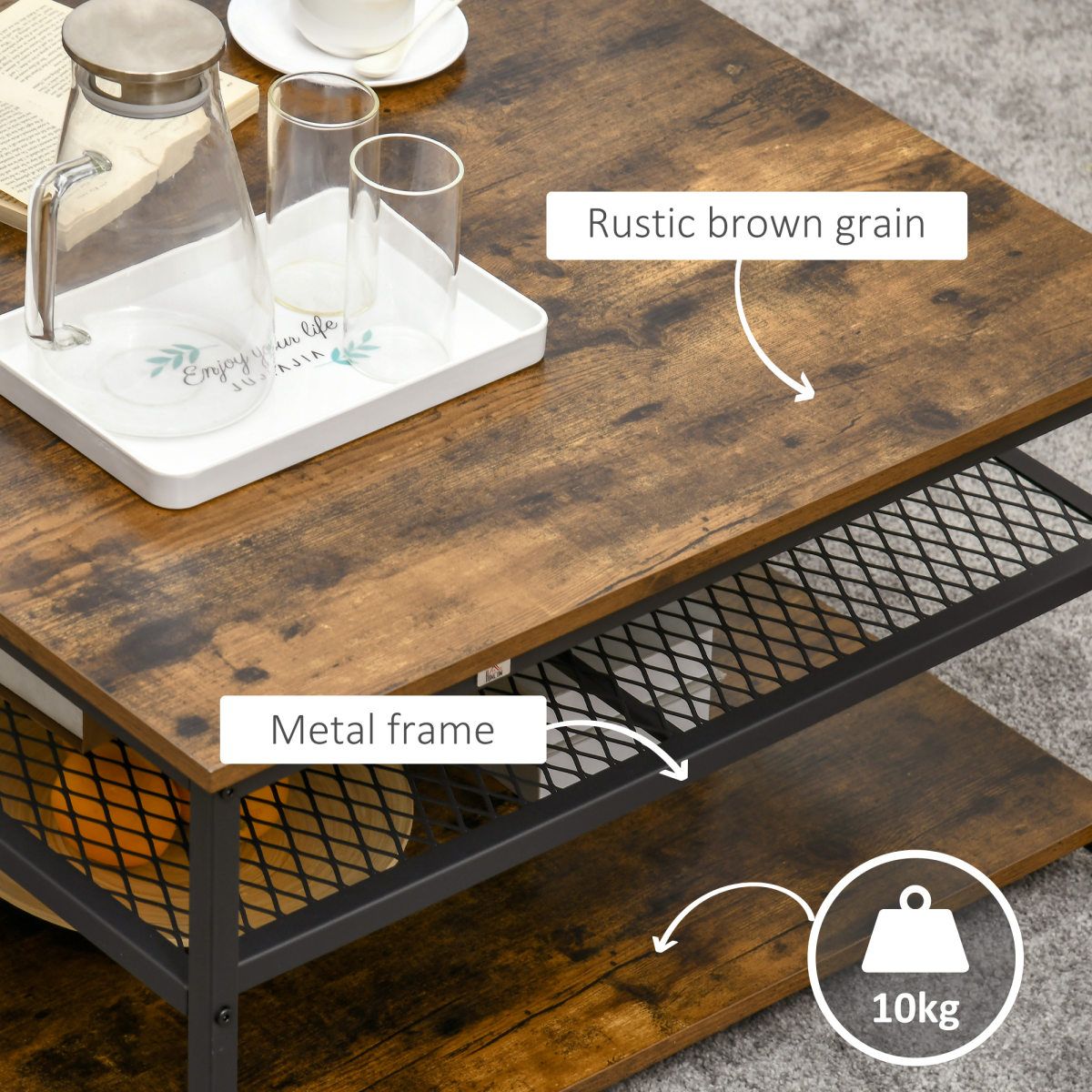 HOMCOM Industrial Coffee Table with 2 Storage Shelves – 3-Tier Living Room Cocktail Table, Rustic Brown
