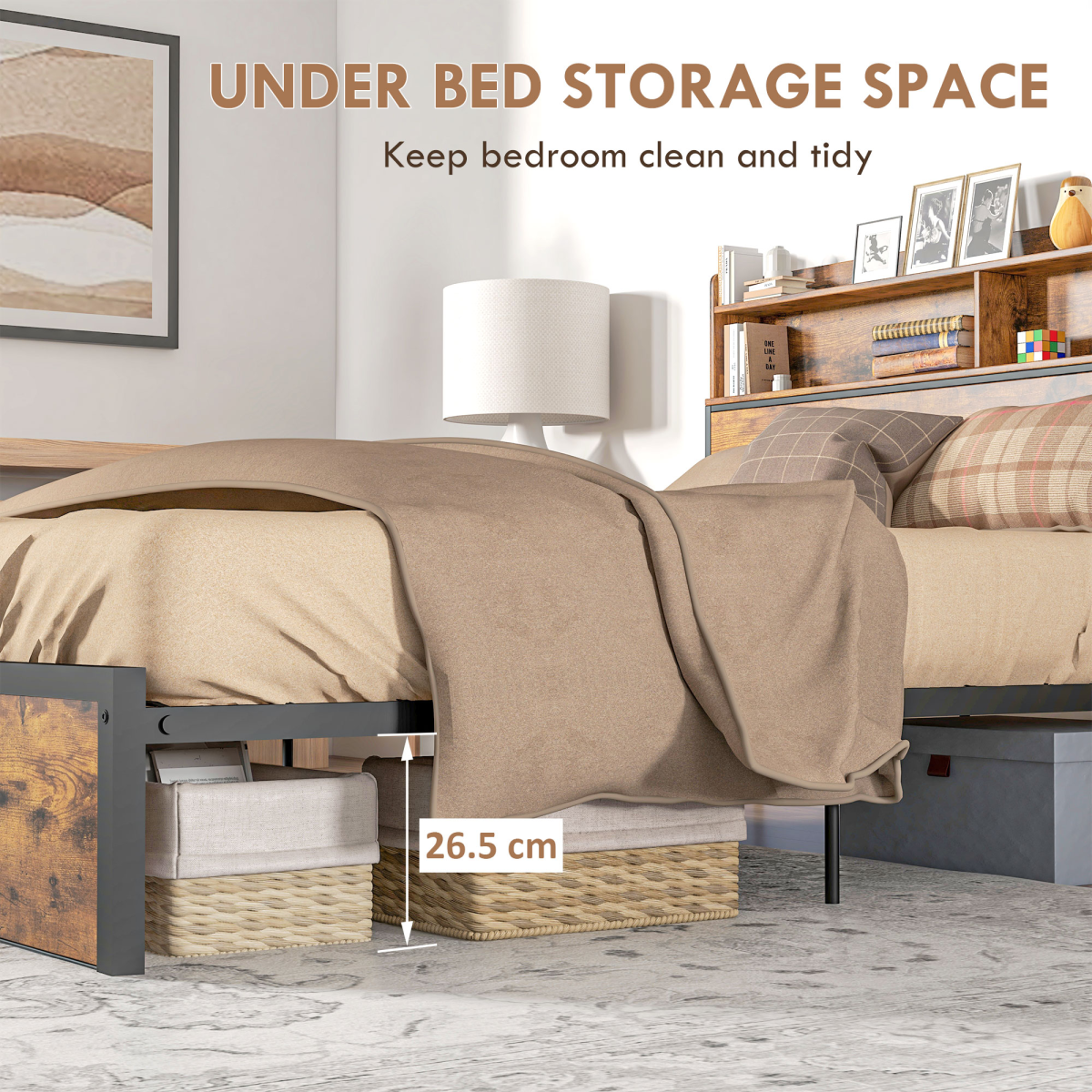 HOMCOM 5ft King Size Bed Frame with Storage Headboard – Under Bed Storage, Steel Frame