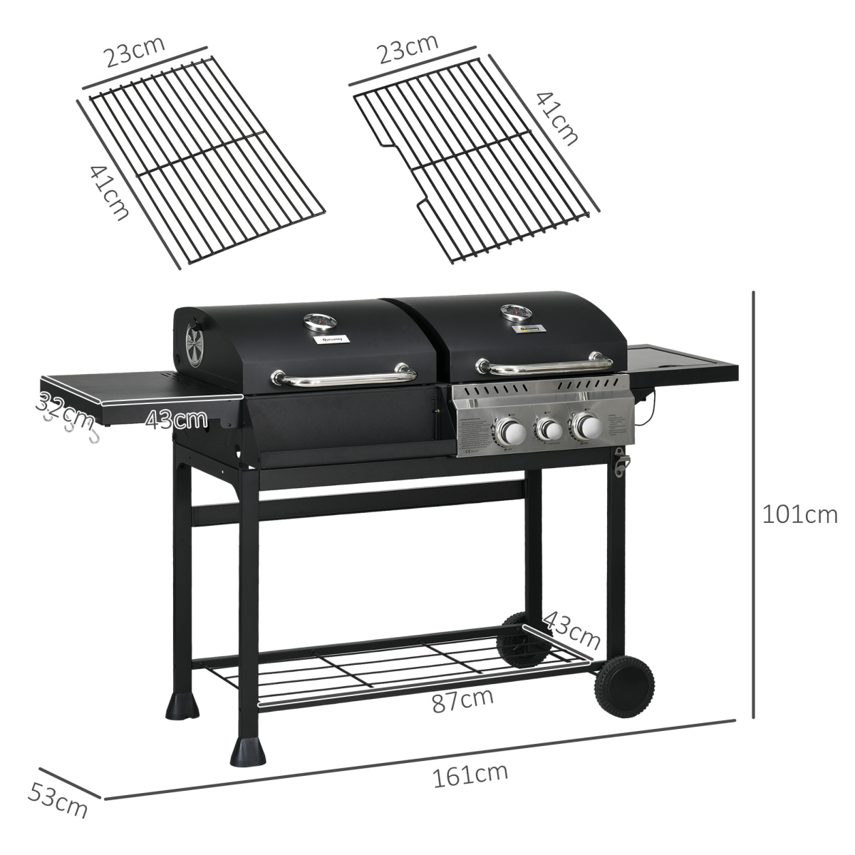 Outsunny Dual Fuel BBQ Grill with Wheels, Warming Racks and Thermometer – Gas and Charcoal Barbecue, Black