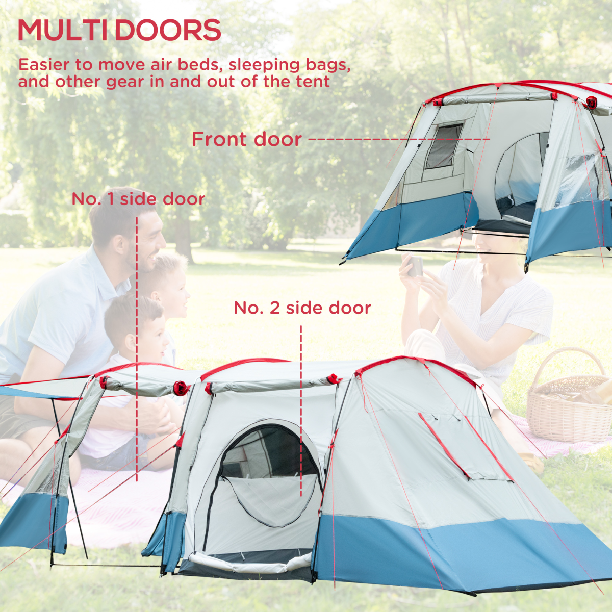 Outsunny 6-8 Person Tunnel Tent with Two Rooms, 3 Doors & Carry Bag – Waterproof Family Camping Tent, Blue