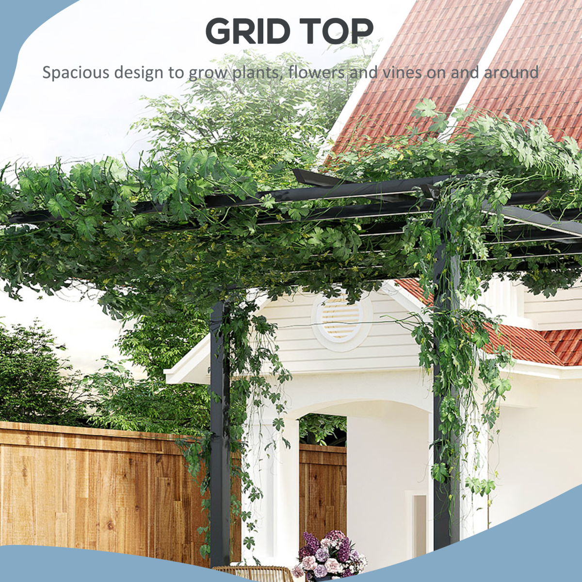 Outsunny 3 x 3m Metal Pergola with Grid Top & 8 Ground Stakes – Garden Plant Support Frame, Black