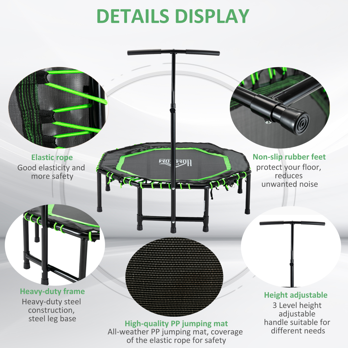 HOMCOM Foldable Fitness Trampoline with 3-Level Adjustable Handle – Rebounder for Adults & Teens, Green