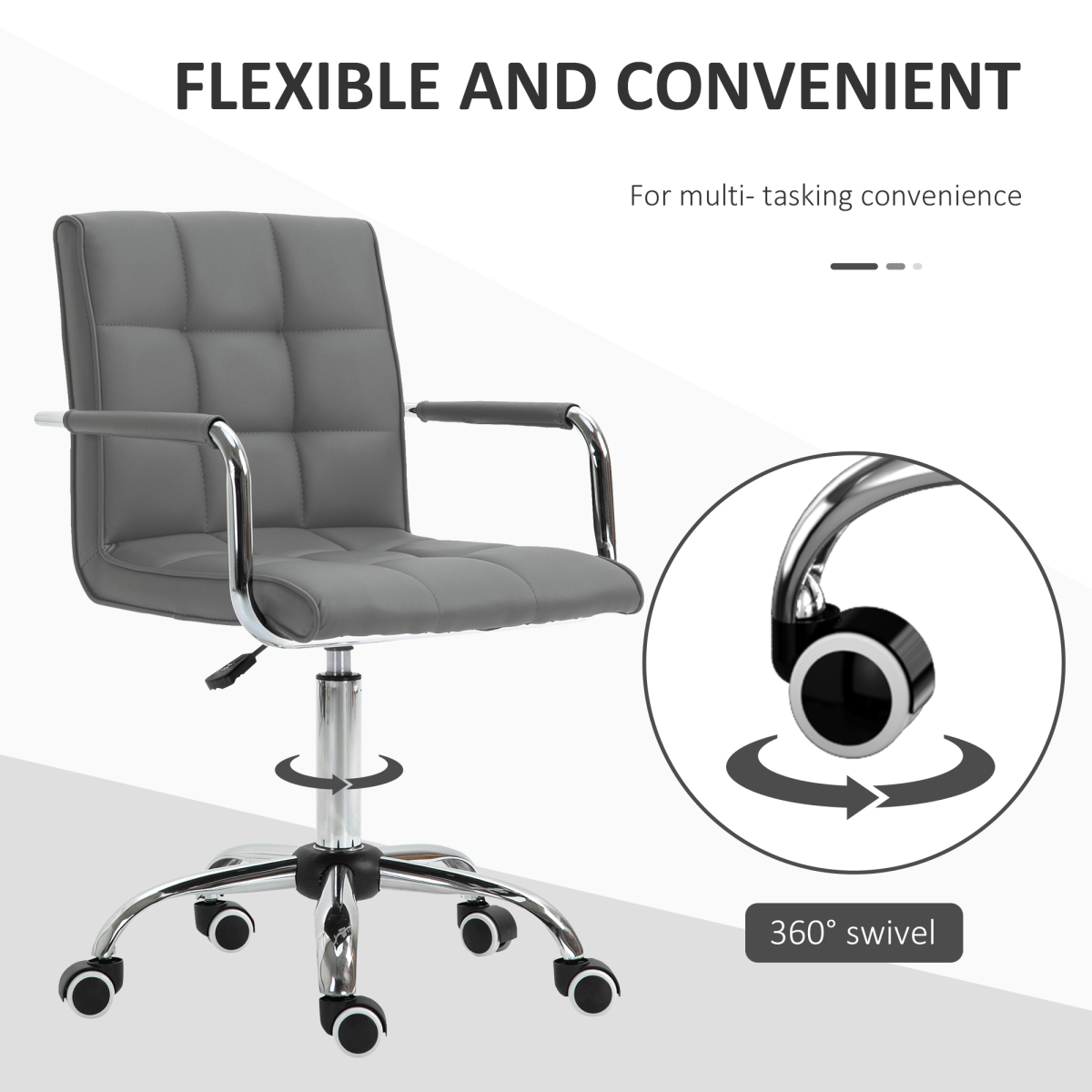 Vinsetto Mid Back PU Leather Office Chair with Armrests and Wheels – Height Adjustable Swivel Desk Chair, Grey