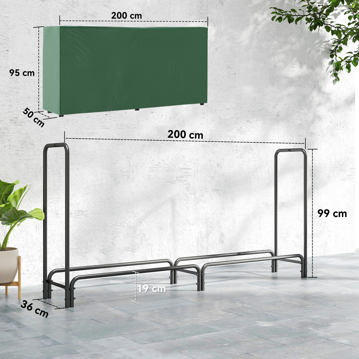 Outsunny Metal Firewood Rack with PE Cover, 0.6m³ Capacity – Outdoor Log Store, Dark Green