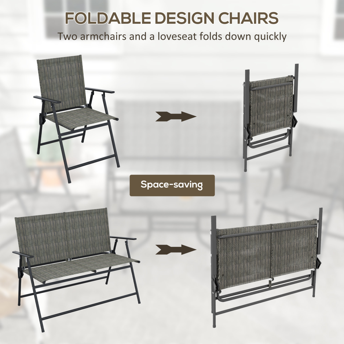 Outsunny Foldable Patio Furniture Set with 2 Armchairs, Loveseat & Glass Side Table – Garden Seating, Grey/Brown