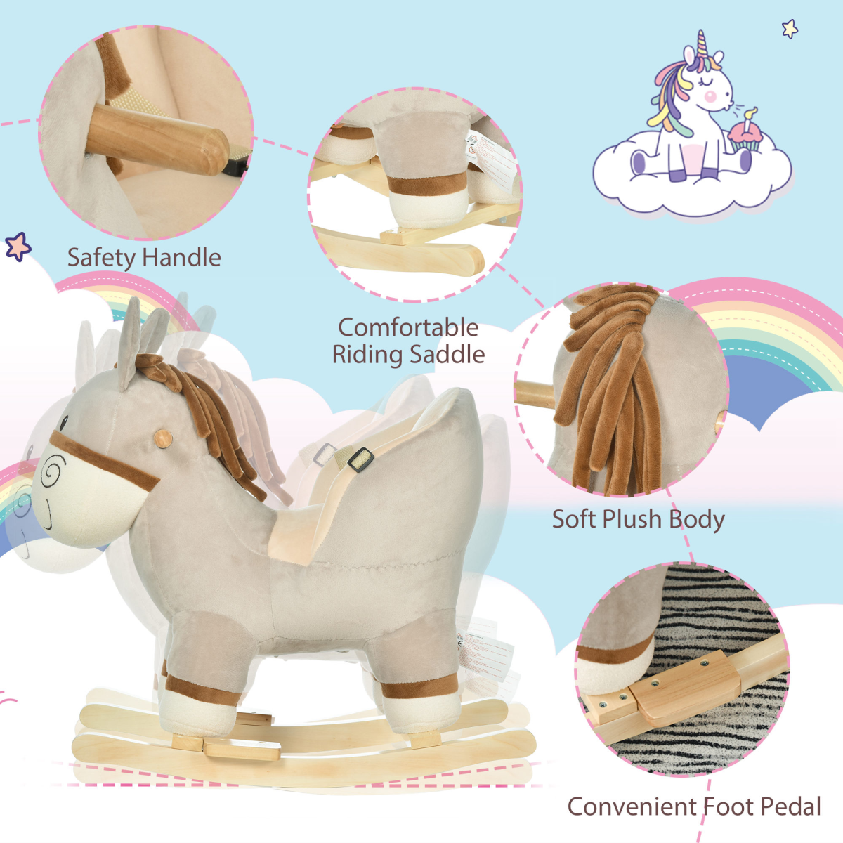 HOMCOM Kids Ride-On Rocking Donkey with Sound Button, Handlebars, Seat Belt and Plush Body – Ages 18-36 Months