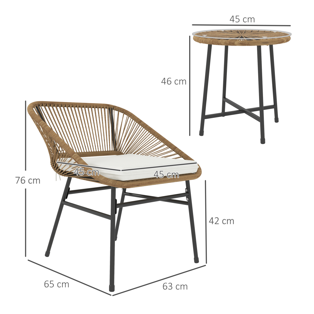 Outsunny 3-Piece Rattan Bistro Set with Cushions & Tempered Glass Table – Small Balcony Garden Furniture