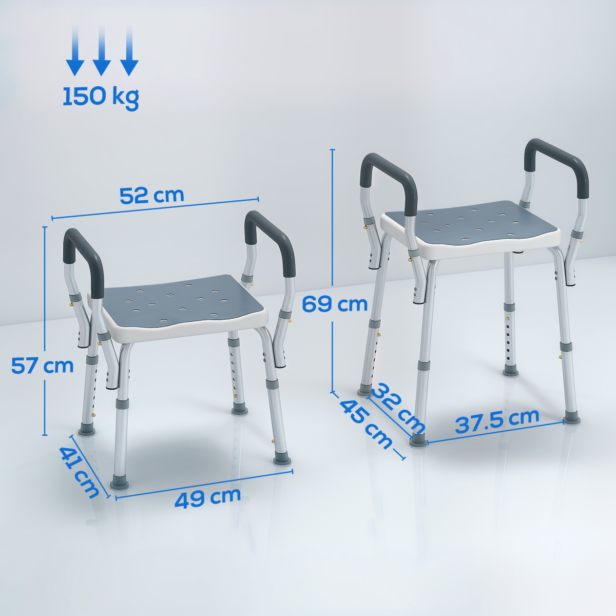 HOMCOM Rust-Free Aluminium Bath Chair with 6-Level Adjustable Height & Anti-Slip Mats – Light Blue
