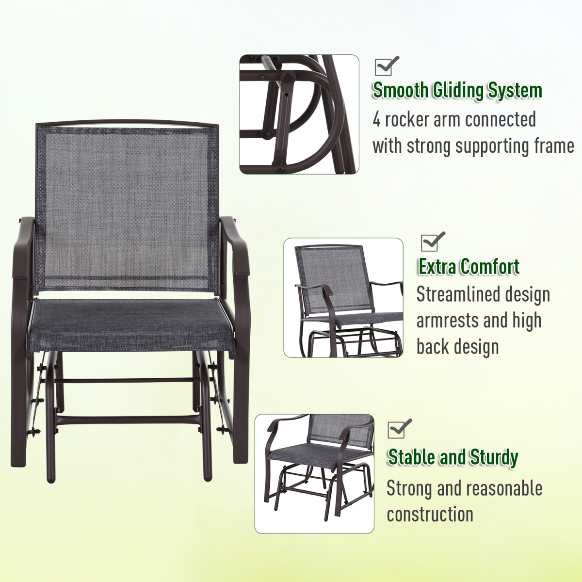Outsunny Set of 2 Glider Rocking Chairs with Tempered Glass Table, Steel Frame – Garden Patio Set, Grey