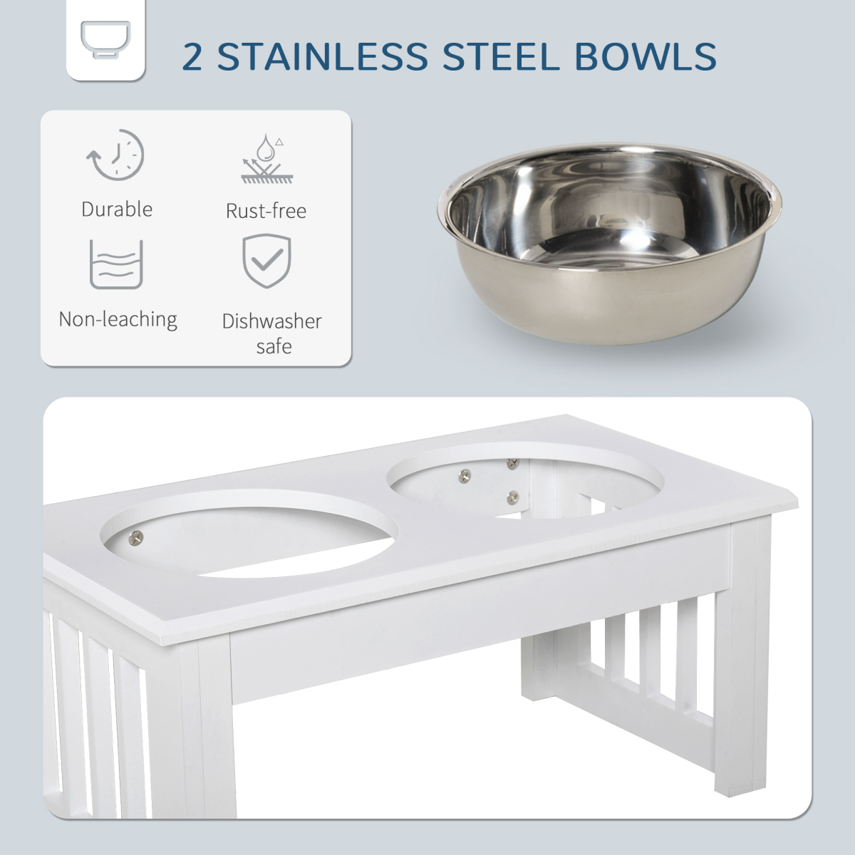 Raised Double Pet Feeder with 2 Stainless Steel Bowls & Non-Slip Stand – Elevated Dog Feeding Station, White