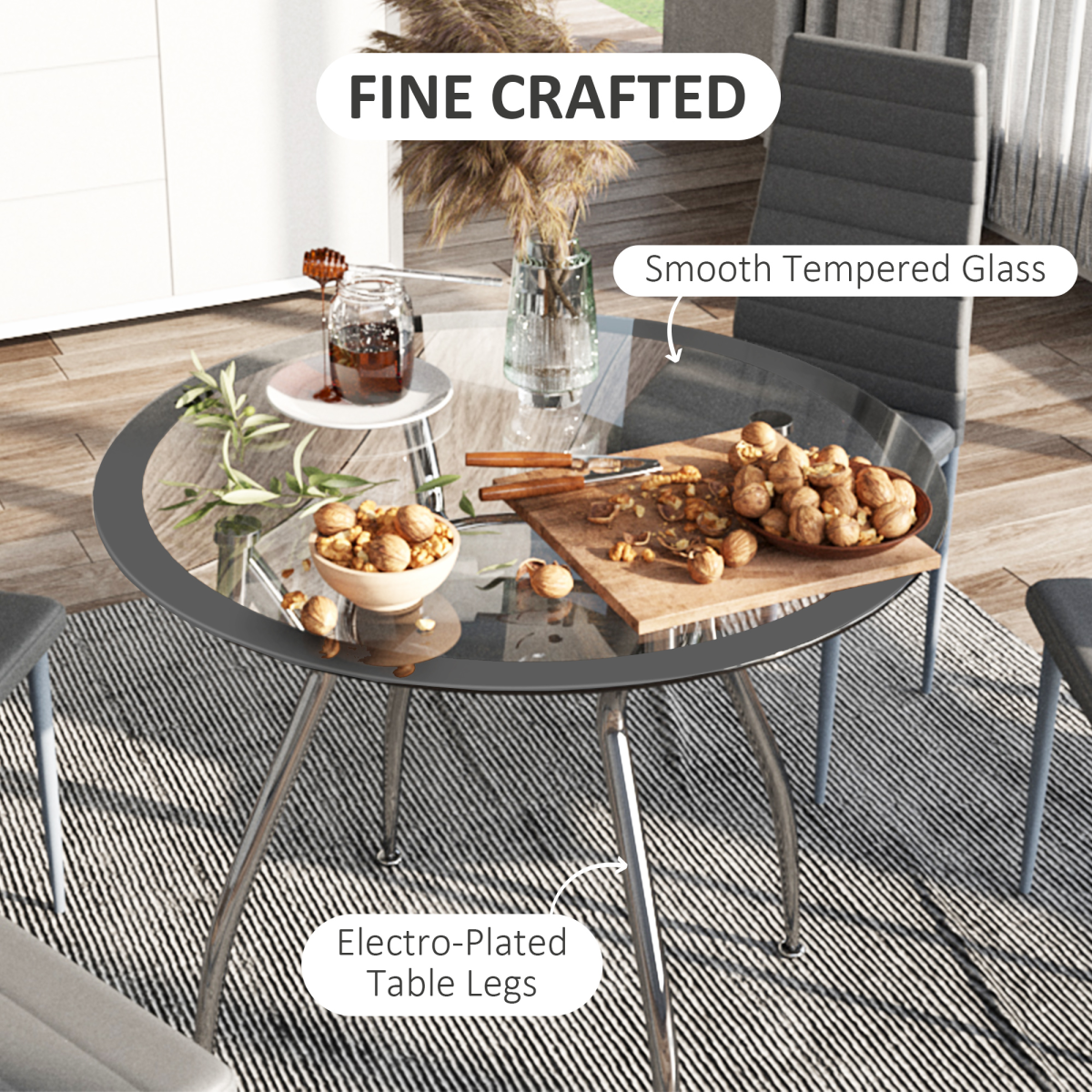 HOMCOM Round Glass Dining Table Set with 4 Cushioned Chairs – Metal Frame Kitchen Dining Set