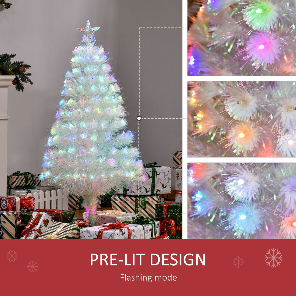 HOMCOM 4ft Pre-Lit Artificial Christmas Tree with Multi-Coloured Fibre Optic and LED Lights – Foldable, White