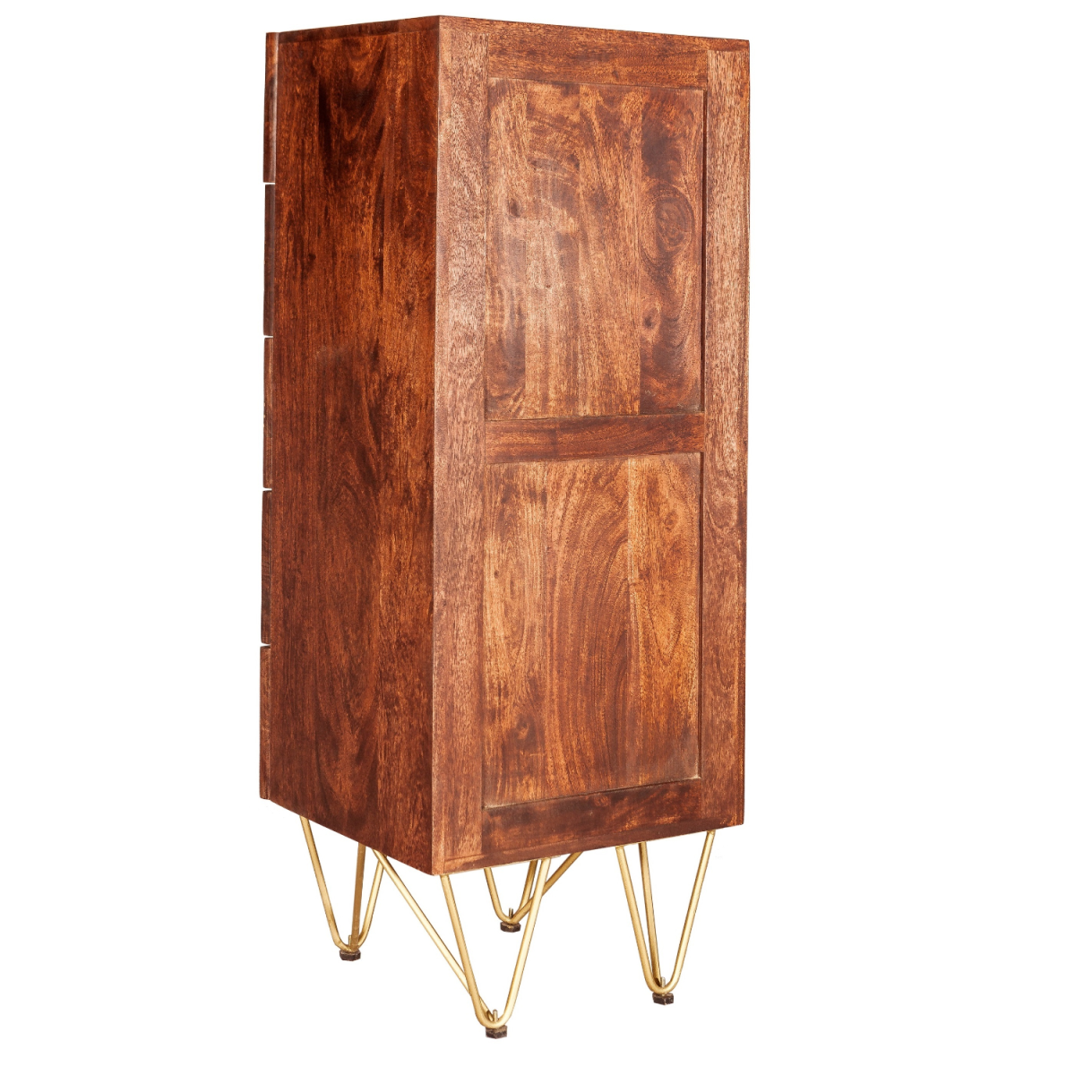 Indian Hub Dark Gold Tall Chest of Drawers, Solid Wood with Metal Inlay