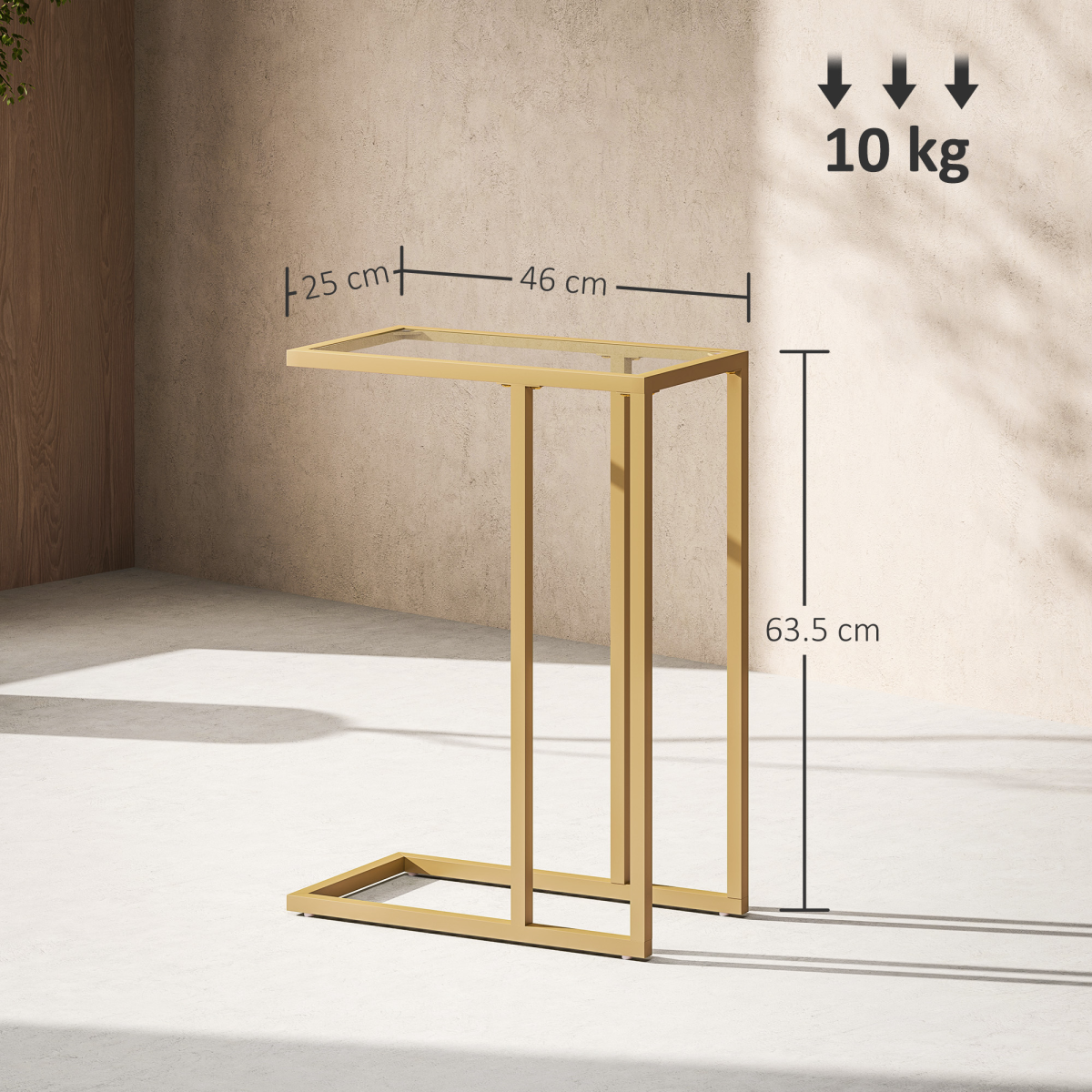 HOMCOM C-Shaped Side Table with Tempered Glass Top – Space-Saving Sofa End Table, Gold