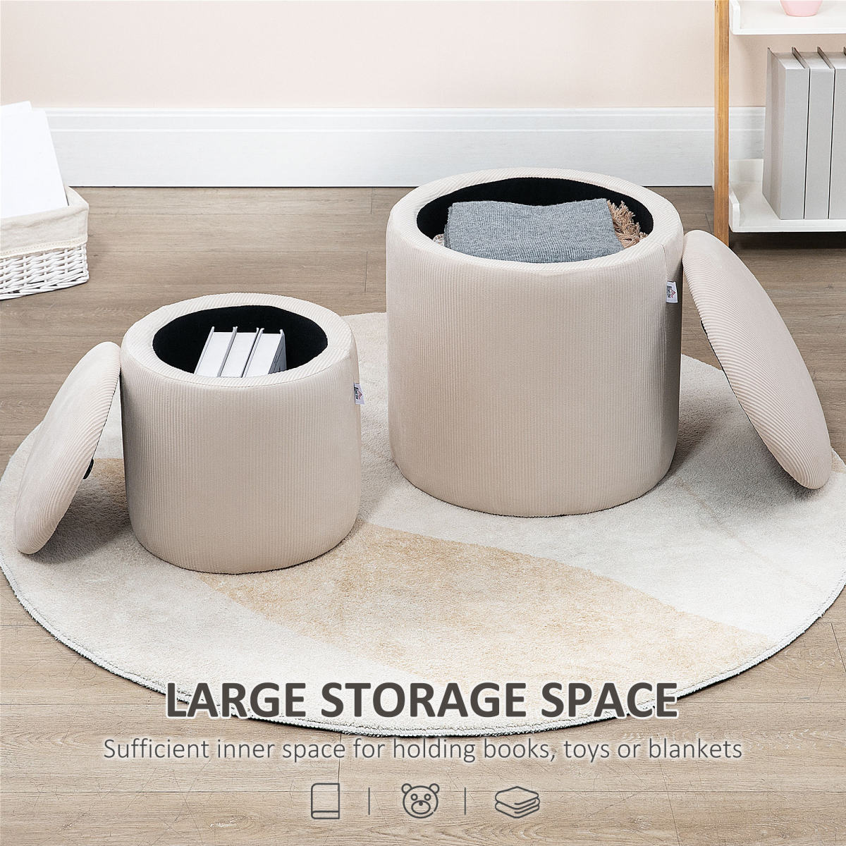 HOMCOM Set of 2 Fabric Storage Ottomans with Removable Lids – Hidden Storage and Extra Seating, Cream White