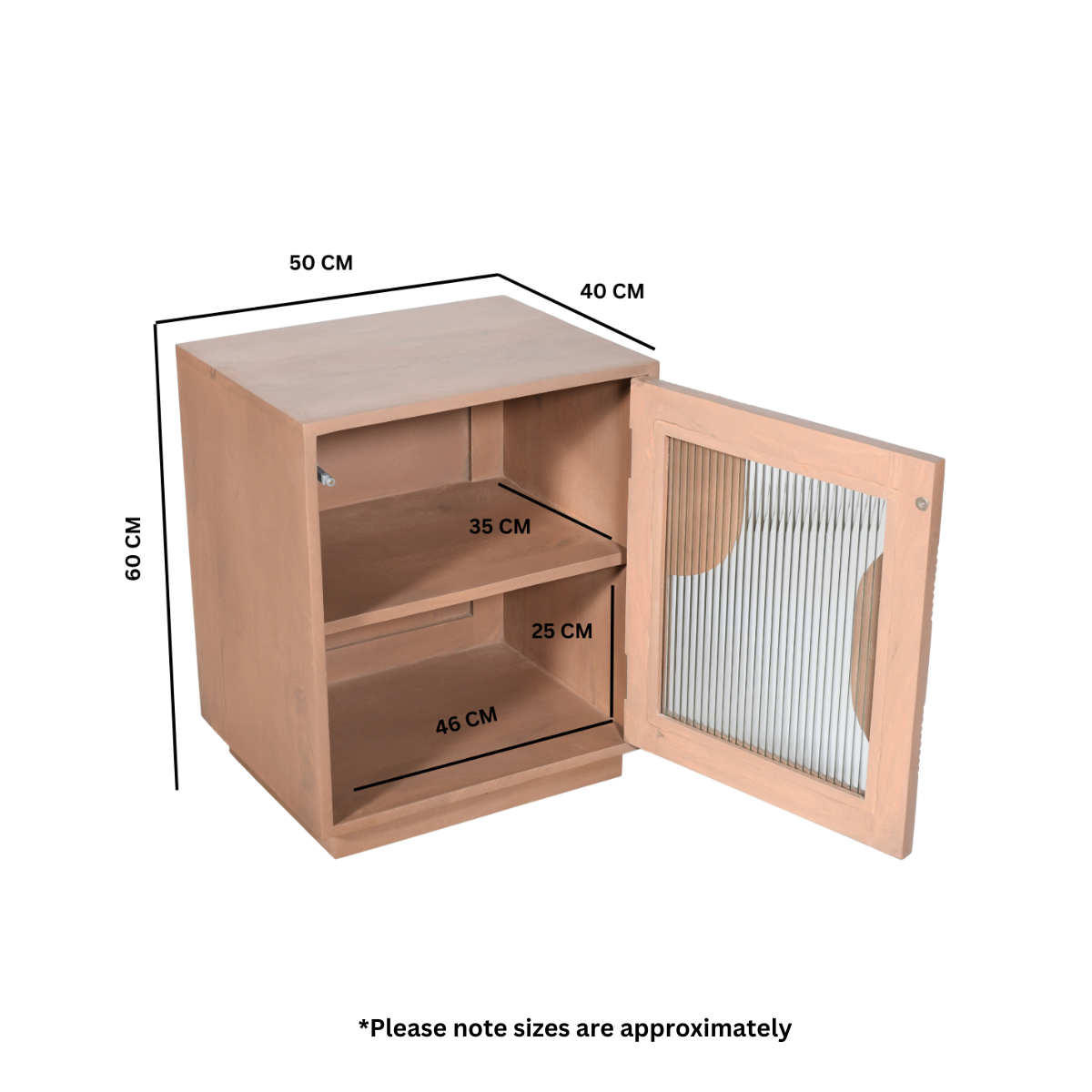 Indian Hub Indus Solid Mango Wood Bedside Table with Fluted Glass Panels – Pale Taupe