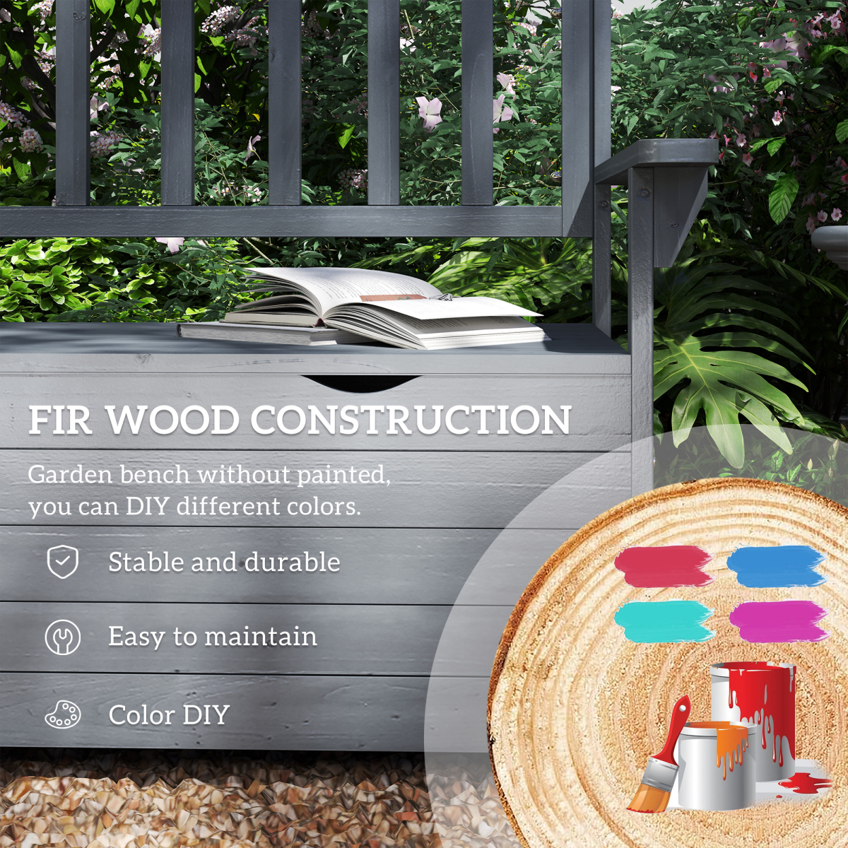 Outsunny 2-Seater Garden Storage Bench with Hidden 164L Compartment – Fir Wood Outdoor Seat, Dark Grey