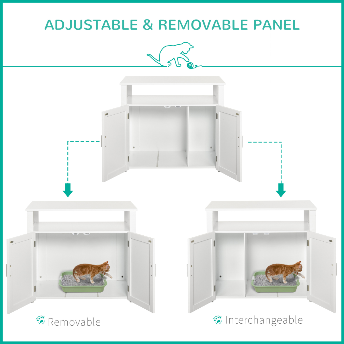 PawHut Cat Litter Box Enclosure Side Table with Magnetic Door and Two Shelves – Cat Furniture, White