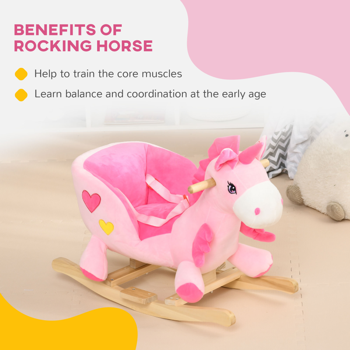 Kids Rocking Horse with Metal Frame, Seatbelt & 32 Songs – Toddler Ride-On Toy for Ages 18+ Months, Pink