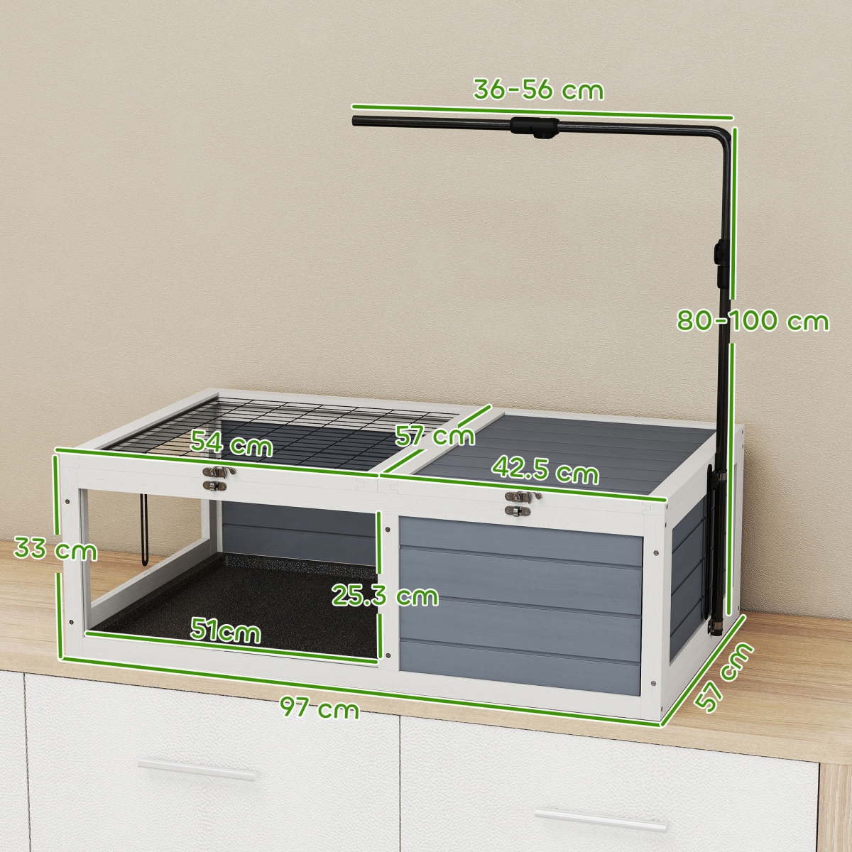 Wooden Tortoise House with Run, Adjustable Lamp Holder, Hide Box & Double Trays – Grey & White