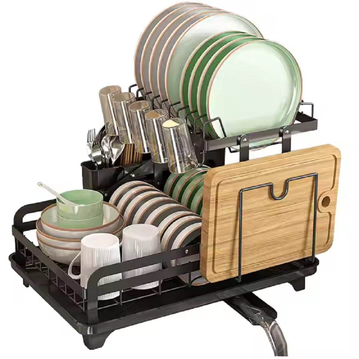 Large 2-Tier Dish Drainer Rack with Removable Drip Tray, Swivel Spout and Cutlery Holder