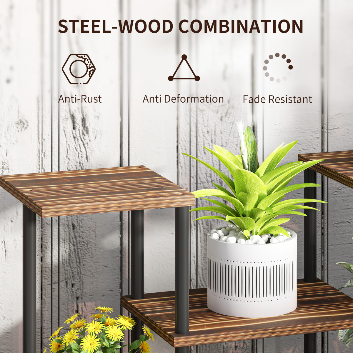 Outsunny 4 Tier Metal Flower Shelf Display Rack with Wooden Shelves – Plant Stand, Black Carbonised Finish