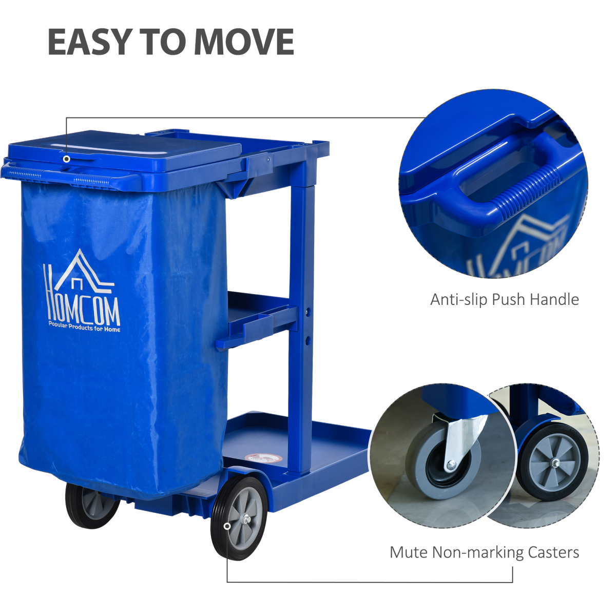 HOMCOM Housekeeping Cleaning Trolley with 3 Shelves, Lidded Bin Bag & Side Hooks – Blue