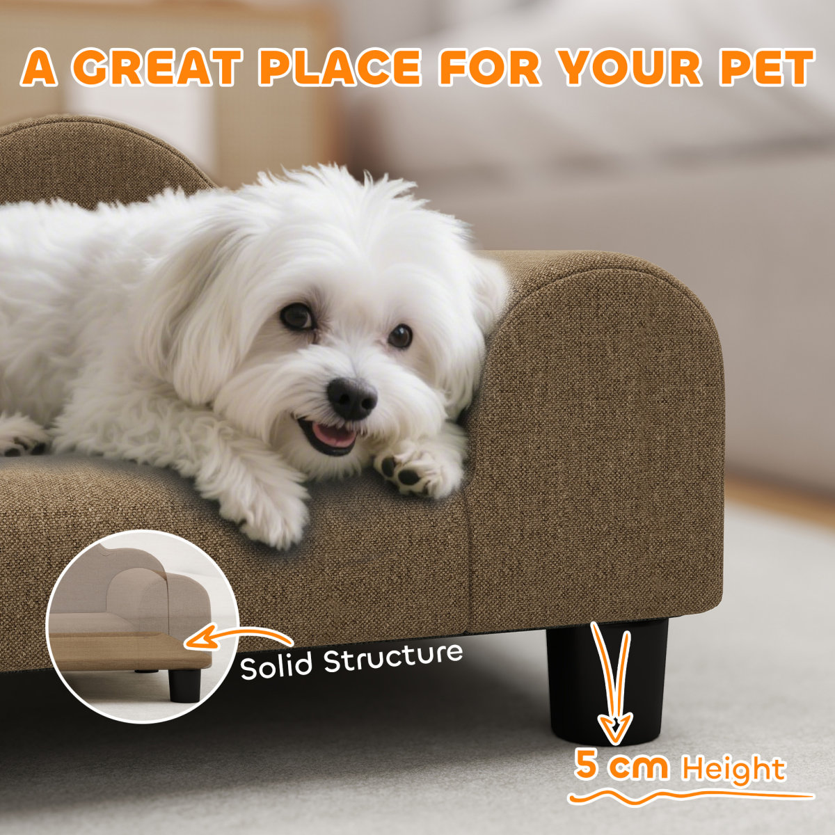Dog Bed Pet Sofa with Backrest & Armrests, Soft Terry-Style Fabric – Cosy Raised Bed for Small Dogs up to 4kg, Brown