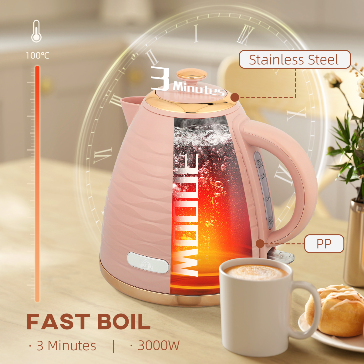 3000W Electric Kettle, 1.7L with Boil-Dry Protection and Removable Spout Filter – Fast Boil, Rose Gold