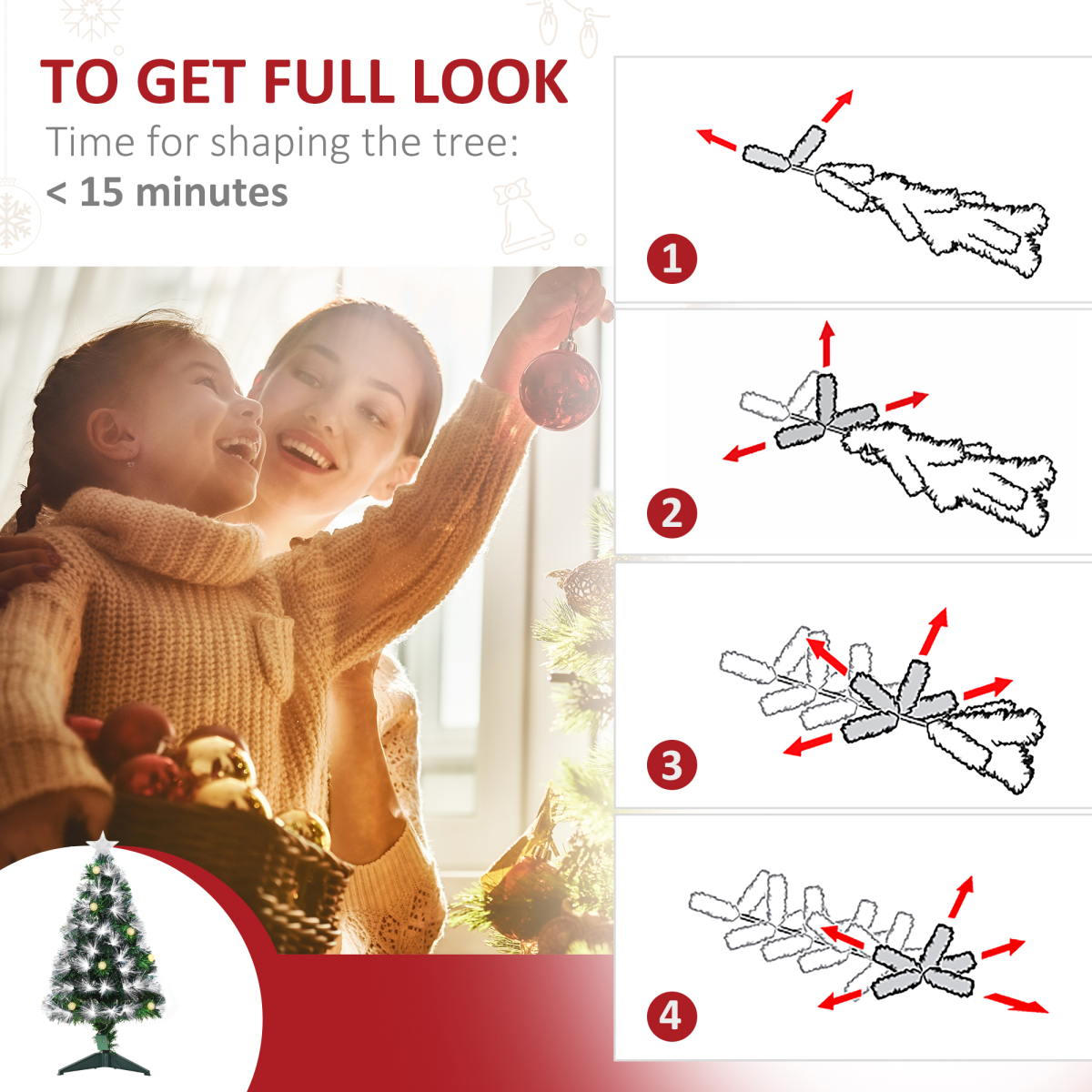 HOMCOM 3ft White Light Christmas Tree with 90 LEDs, Star Topper and Tri-Base – Pre-Lit Home Decoration
