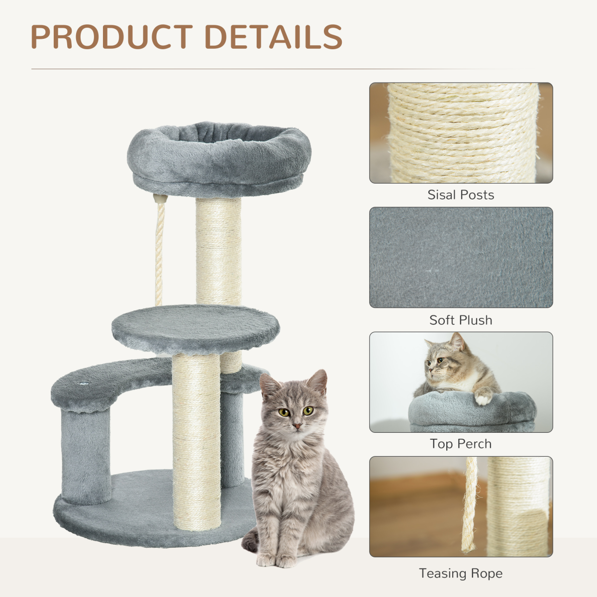 Pawhut Cat Tree with 2 Perches, Sisal Scratching Posts & Hanging Rope – Kitty Activity Play Centre