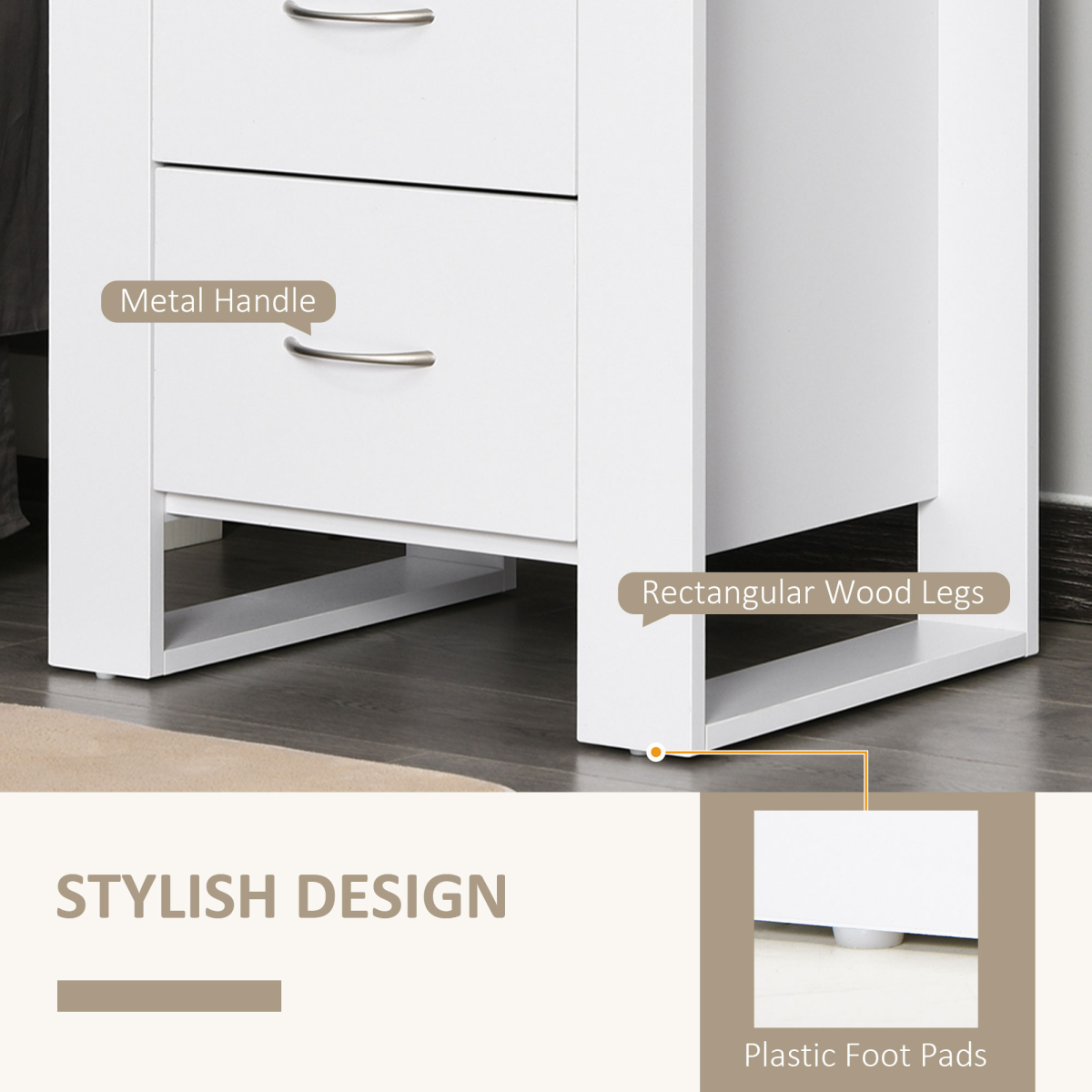 HOMCOM 2-Drawer Bedside Table with Silver-Tone Handles – Particle Board Bedroom Storage, White