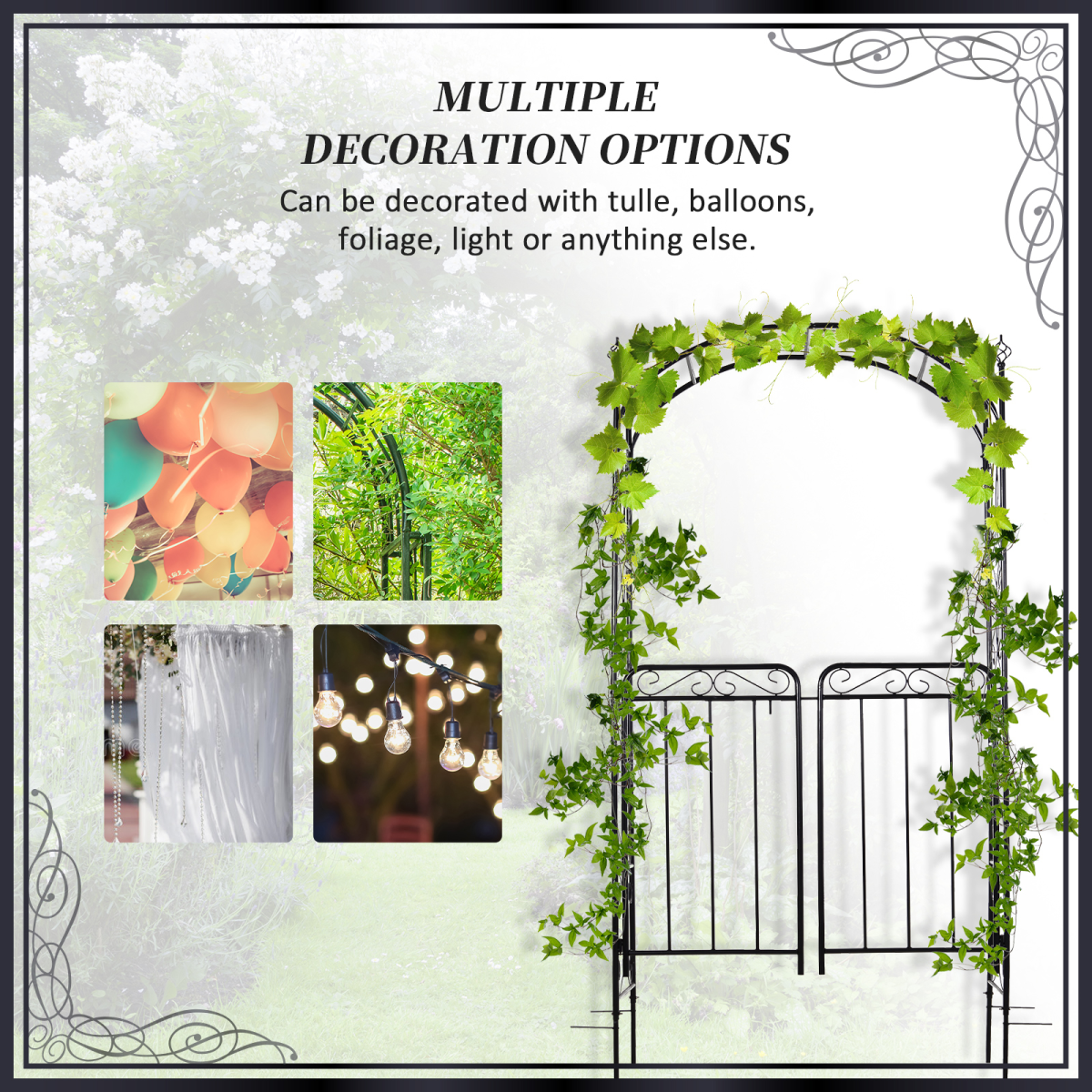 Outsunny Metal Garden Arch Gate with Double Doors & Side Trellis – Decorative Arbor for Climbing Plants, Black