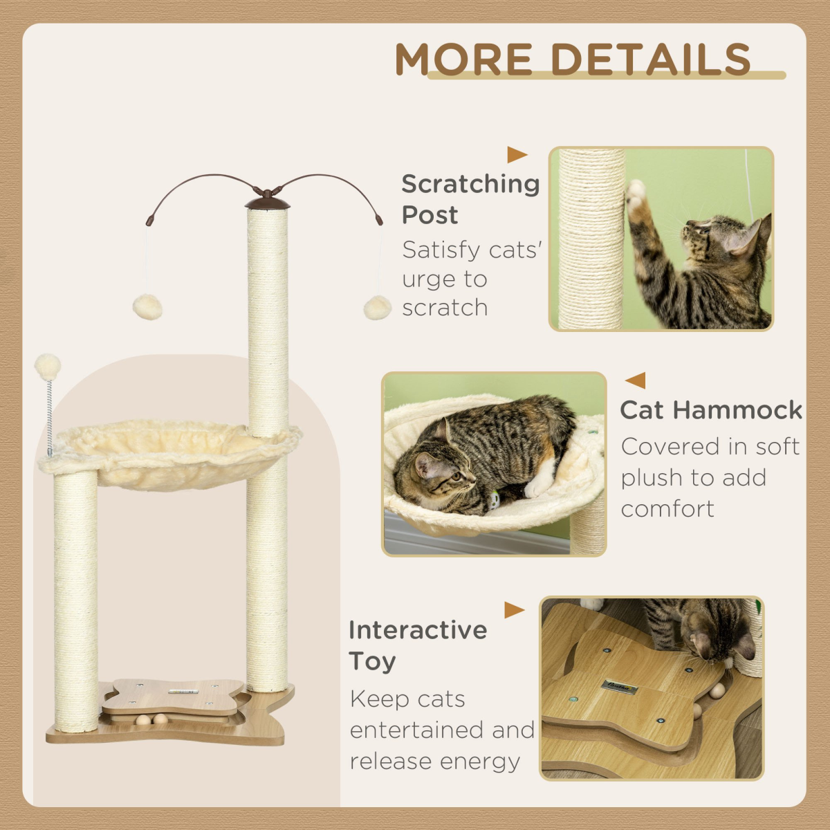 PawHut Cat Tree for Indoor Cats with Sisal Scratching Posts, Hammock & Toy Ball – Beige, 90cm