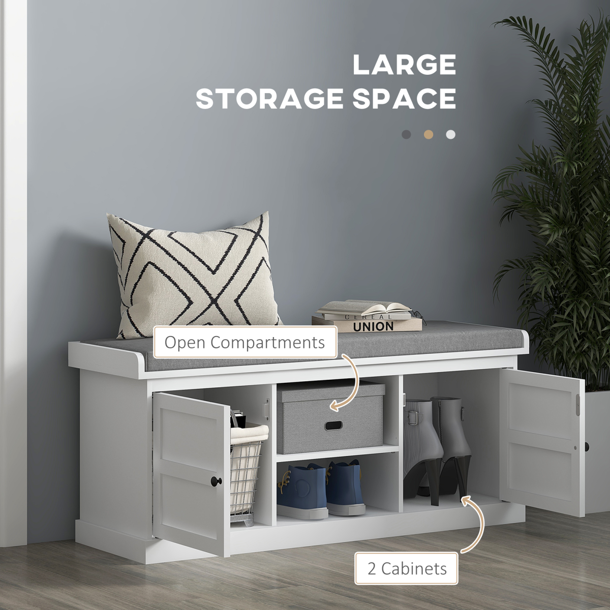 HOMCOM Shoe Storage Bench with Padded Cushion & 2 Cabinets – Hallway Seat, White