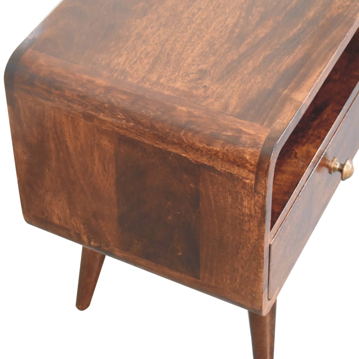 Artisan Furniture Curved Mango Wood Media Unit with 2 Drawers & Open Slot – California Walnut, Dark Brown