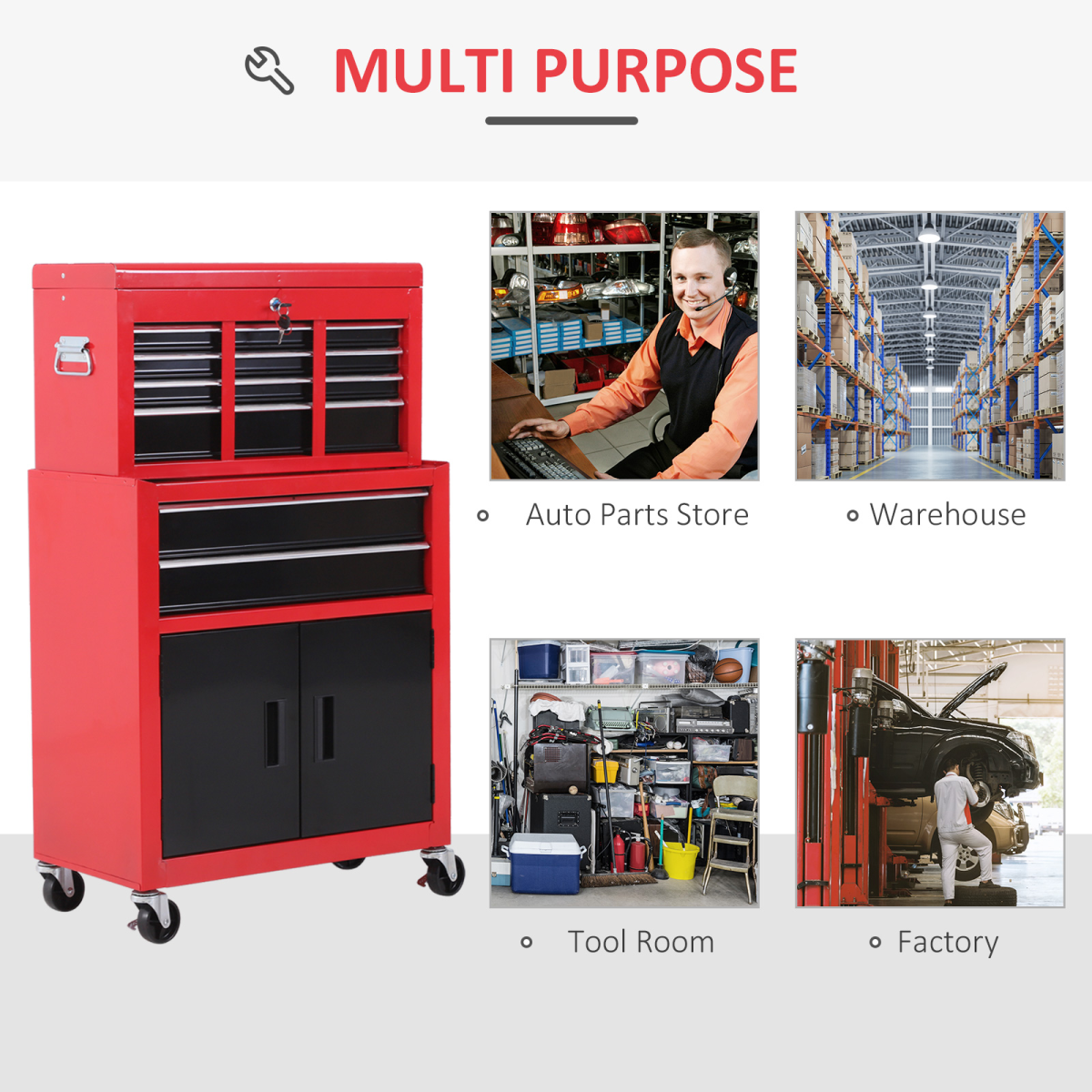 HOMCOM Portable Steel Tool Top Chest with Storage Drawers & Lift-Up Lid – Workshop Tool Storage, Red