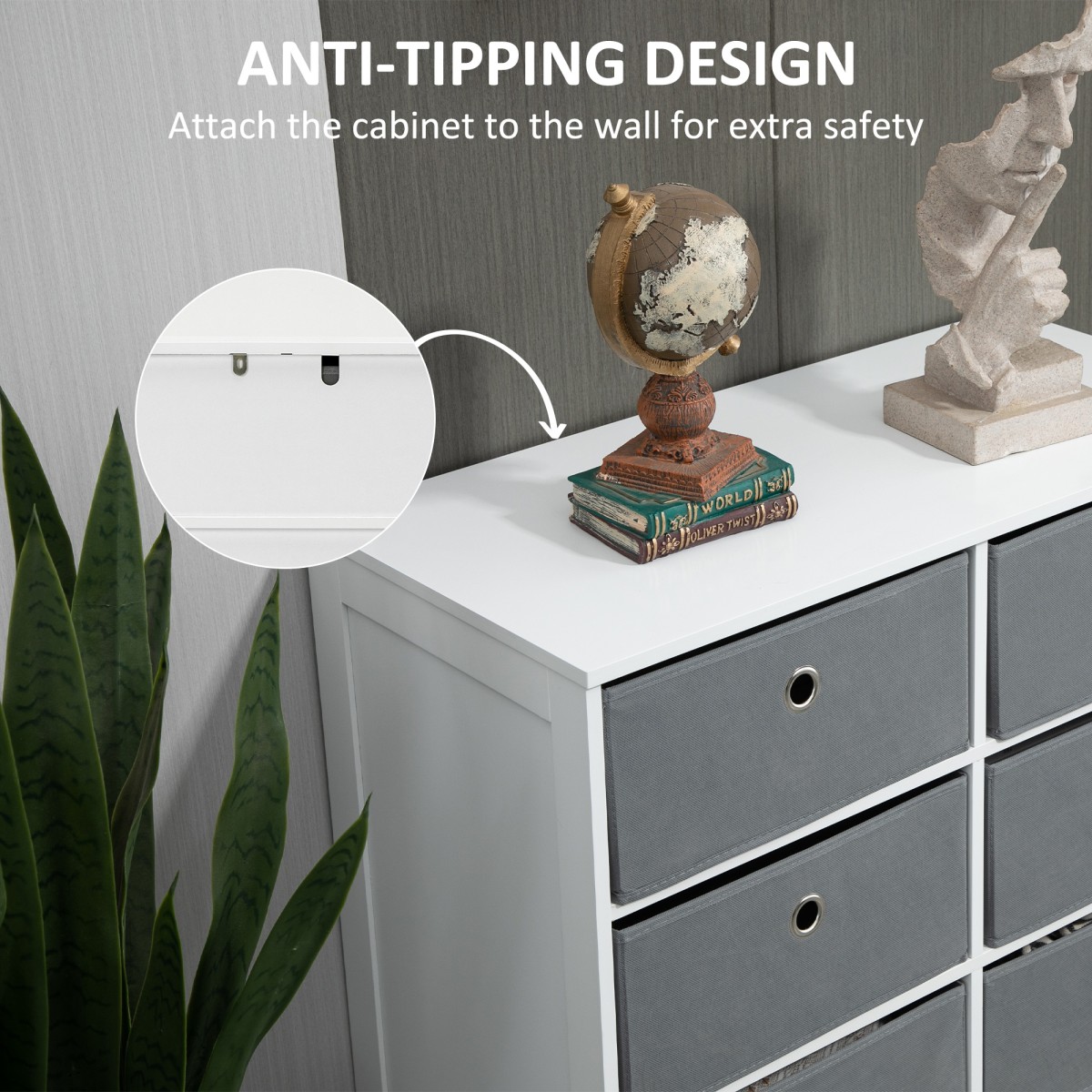 HOMCOM Chest of 6 Fabric Drawers – Bedroom, Office and Hallway Storage Cabinet, White and Grey